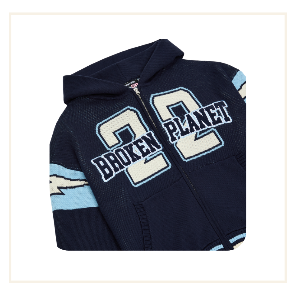 Broken Planet Varsity Knit Zip Up Hoodie - Navy Blue