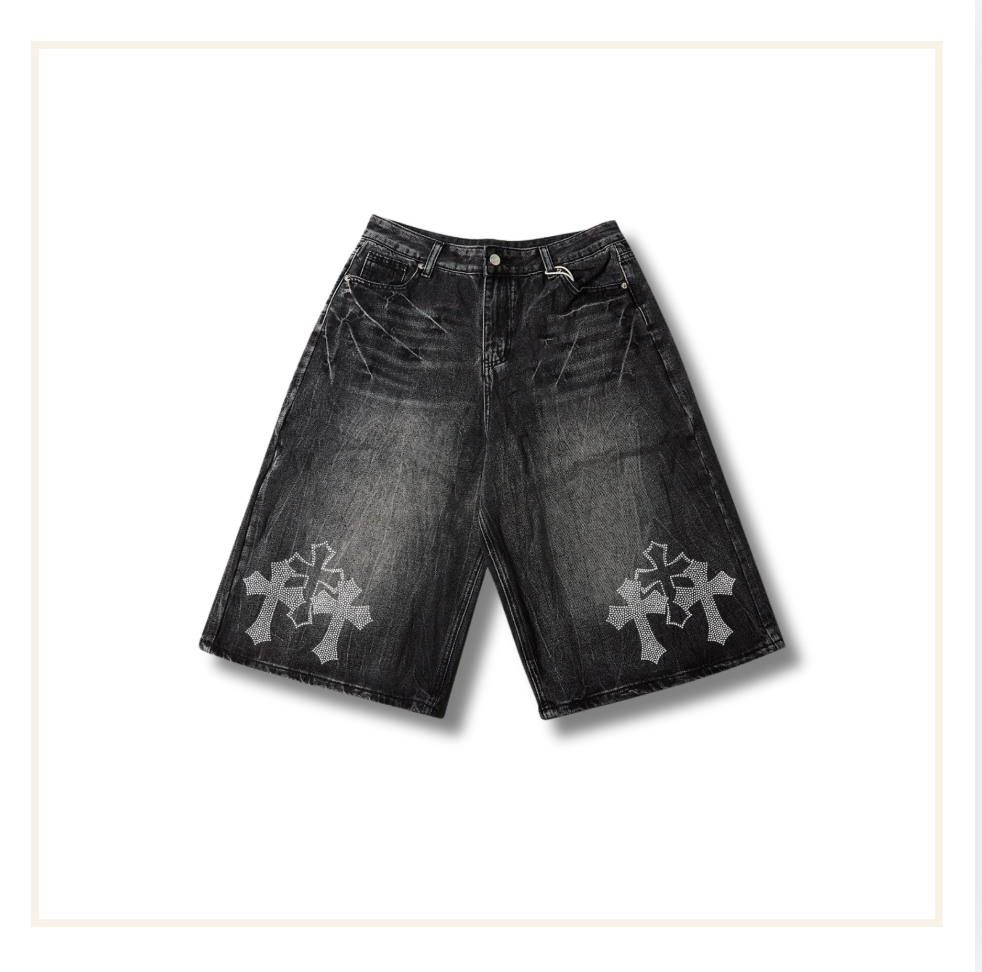 Noissey Rhinestone Gothic Cross Washed Denim Shorts Black