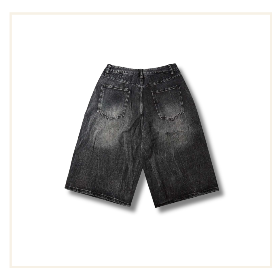 Noissey Rhinestone Gothic Cross Washed Denim Shorts Black