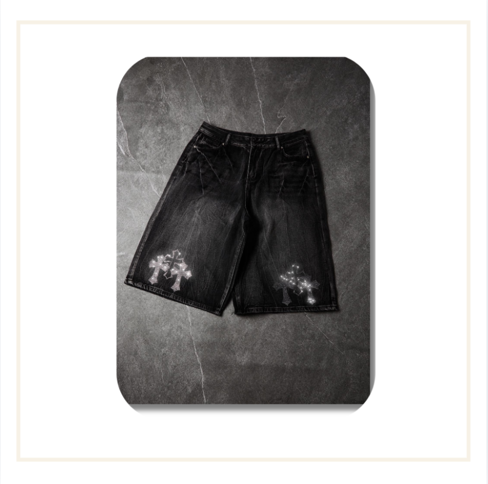 Noissey Rhinestone Gothic Cross Washed Denim Shorts Black