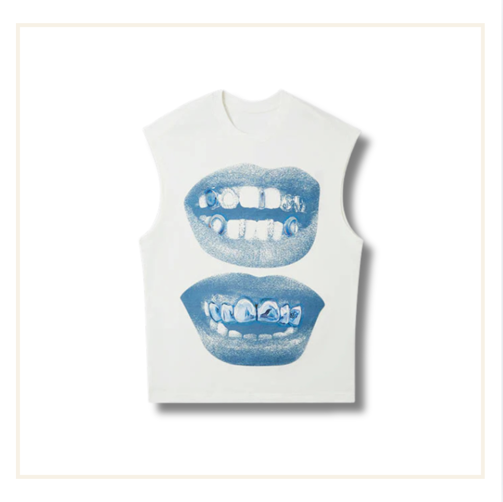 Noissey Blue Lips Grillz Tank Top White