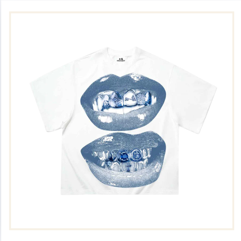 Noissey Boxy Oversized T-Shirt with Blue Vintage Grills Print