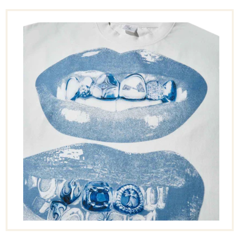 Noissey Boxy Oversized T-Shirt with Blue Vintage Grills Print