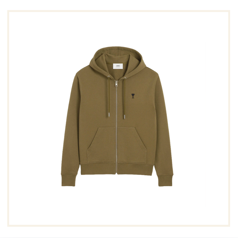 Ami Paris Ami De Coeur Small Logo Zip Hoodie Olive Green