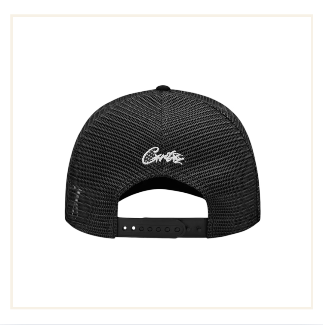 Corteiz Alcatraz Puff Print Trucker Hat Black White