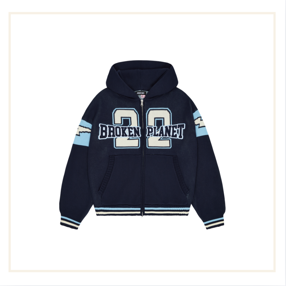 Broken Planet Varsity Knit Zip Up Hoodie - Navy Blue