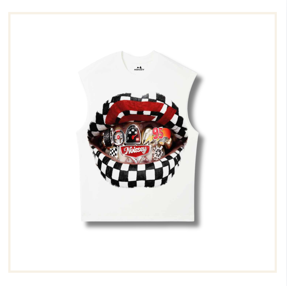 Noissey Checkered Racing Lips Tank T-Shirt White