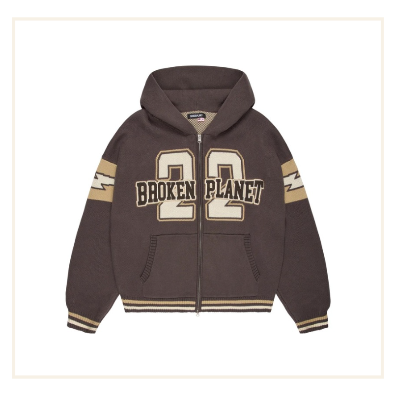 Broken Planet Varsity Knit Zip Up Hoodie - Chocolate Brown